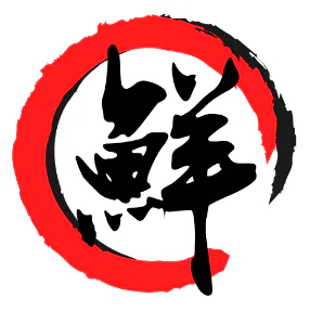Chinese calligraphy "Fresh" logo inside red-black ink wash circular brushstroke frame at Umami Fusion, a Asian Restaurant in Miami Gardens
